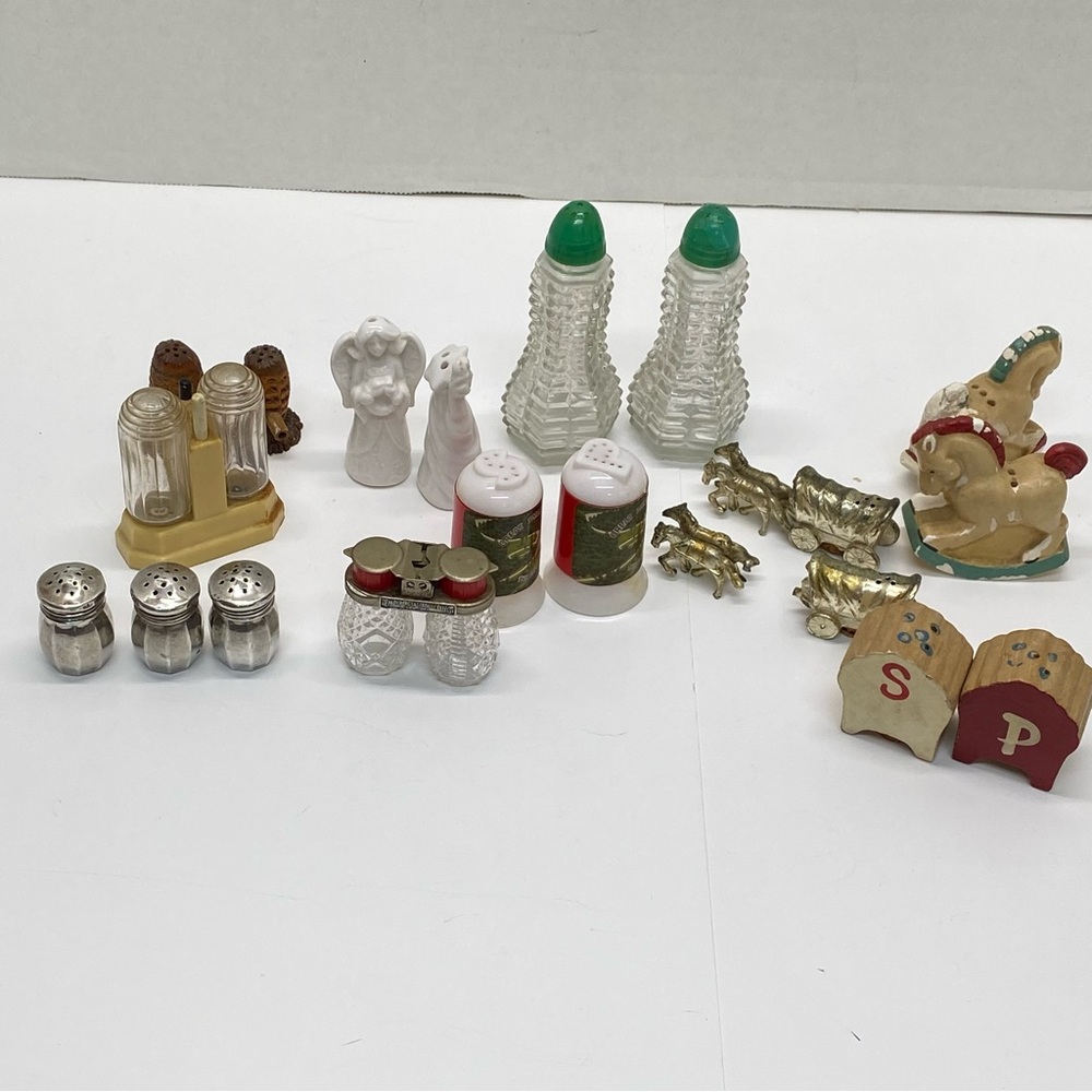 Vintage Salt & Pepper Shakers Lot of 9 set w/3 extra Sterling Plastic Glass Wood